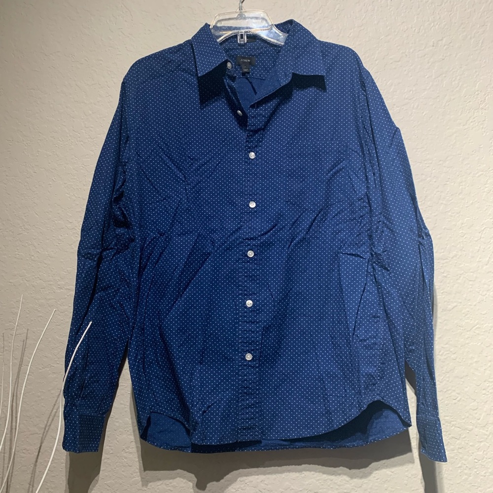 J Crew / Blue & white polka dot button up / size L
